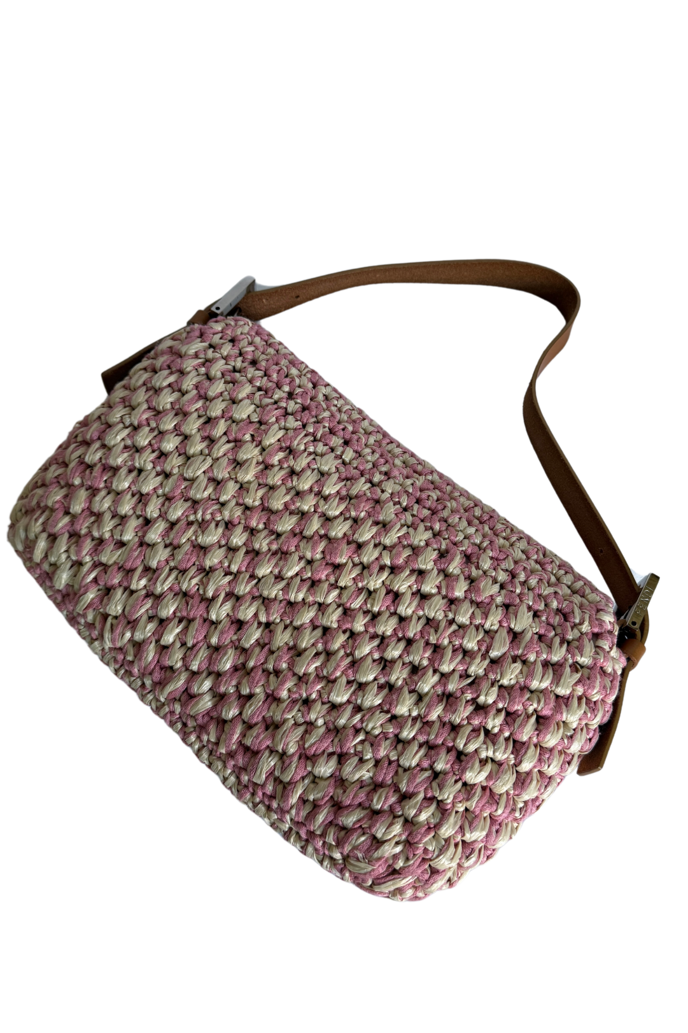 FENDI Raffia Straw Crochet Baguette Bag Pink x Cream