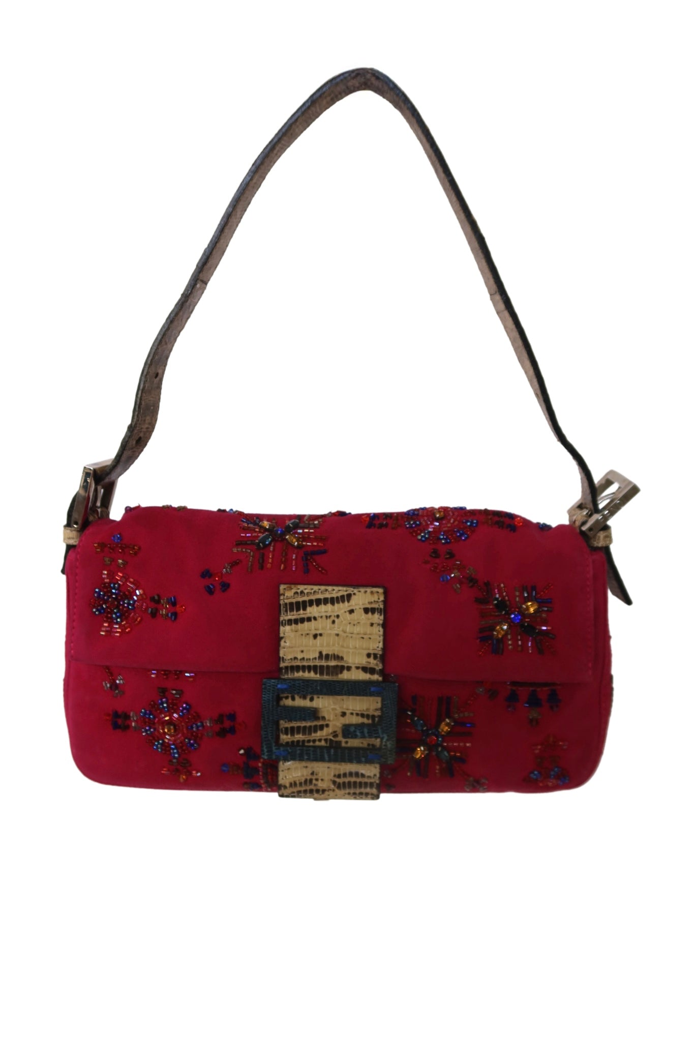 RARE FENDI Fuchsia Beaded Baguette with Lizard Leather Trim