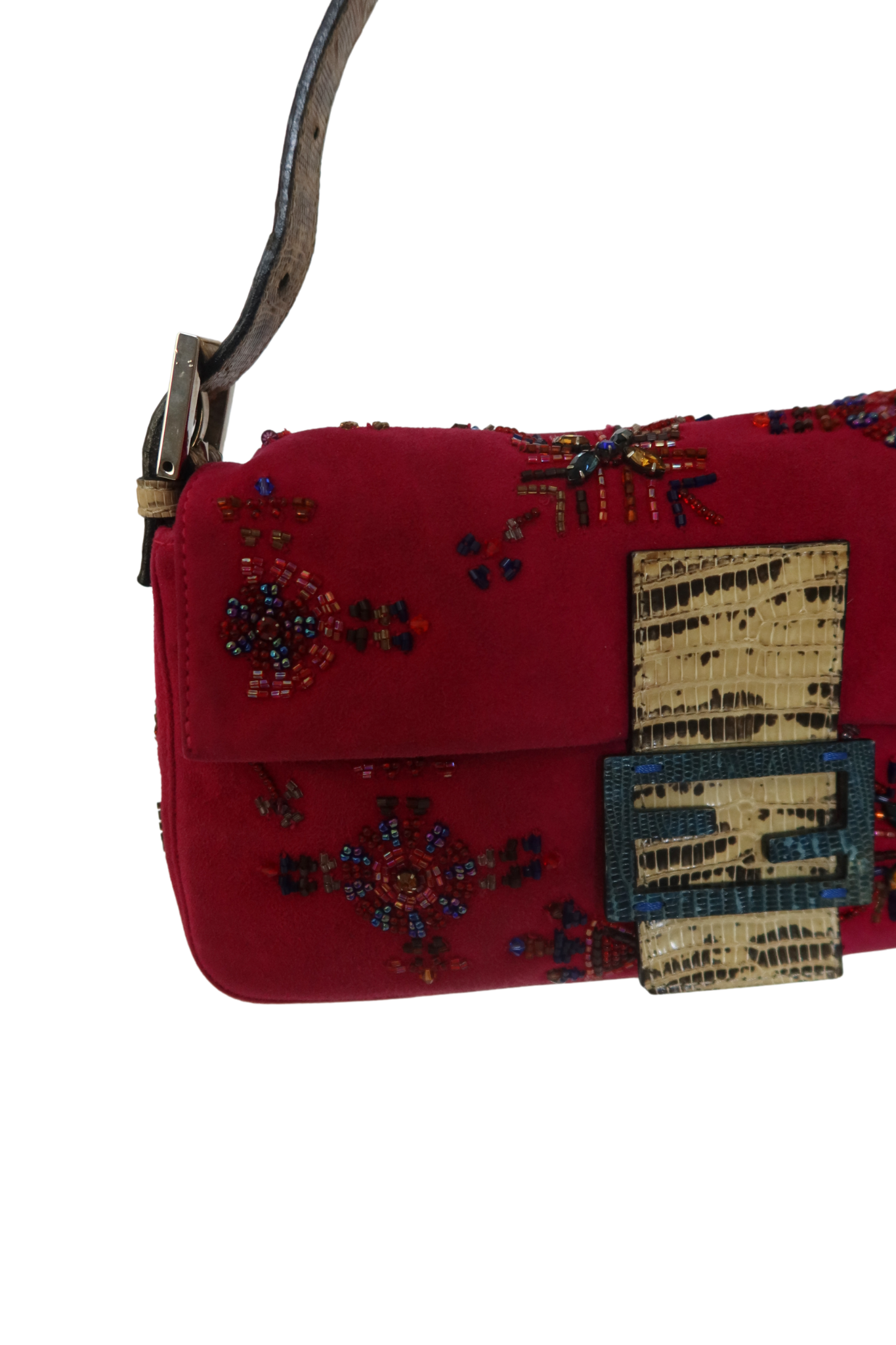 RARE FENDI Fuchsia Beaded Baguette with Lizard Leather Trim