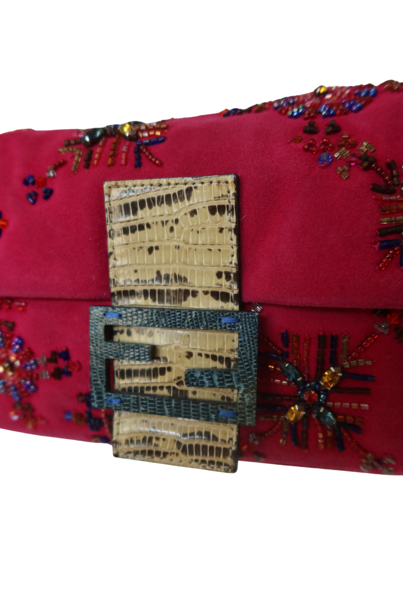 RARE FENDI Fuchsia Beaded Baguette with Lizard Leather Trim
