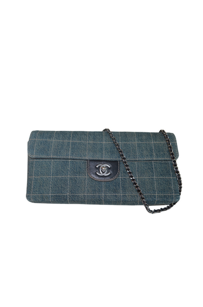 CHANEL Denim Chocolate Bar Turn-Lock Silver Chain Shoulder Bag