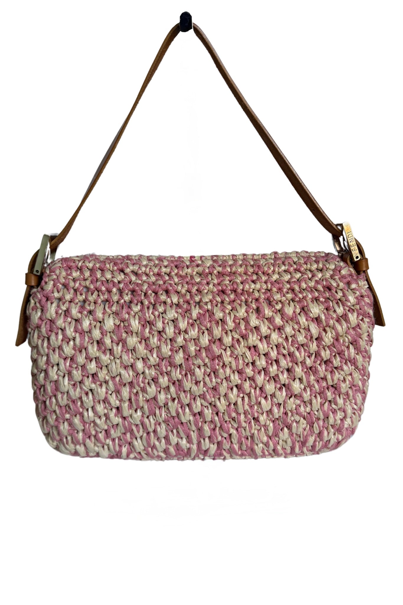 FENDI Raffia Straw Crochet Baguette Bag Pink x Cream