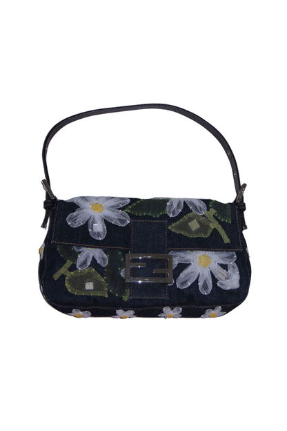 FENDI Blue Denim Daisy Embroidered Baguette