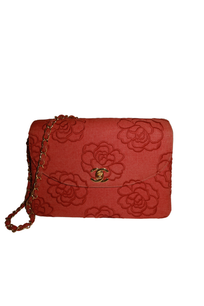 CHANEL Canvas Camellia Embroidered Double Flap Bag