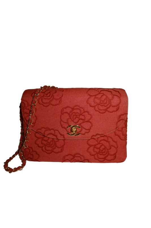 CHANEL Canvas Camellia Embroidered Double Flap Bag