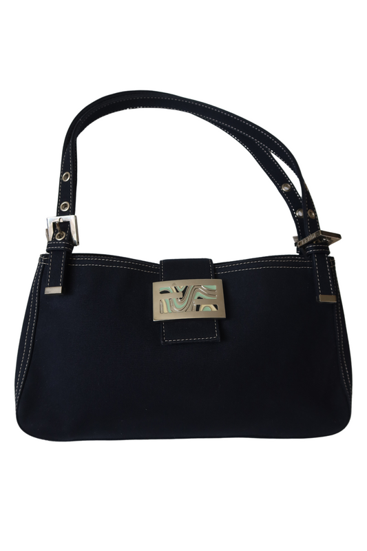 FENDI Navy Blue Fabric Handbag with Enamel Buckle