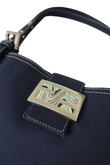 FENDI Navy Blue Fabric Handbag with Enamel Buckle