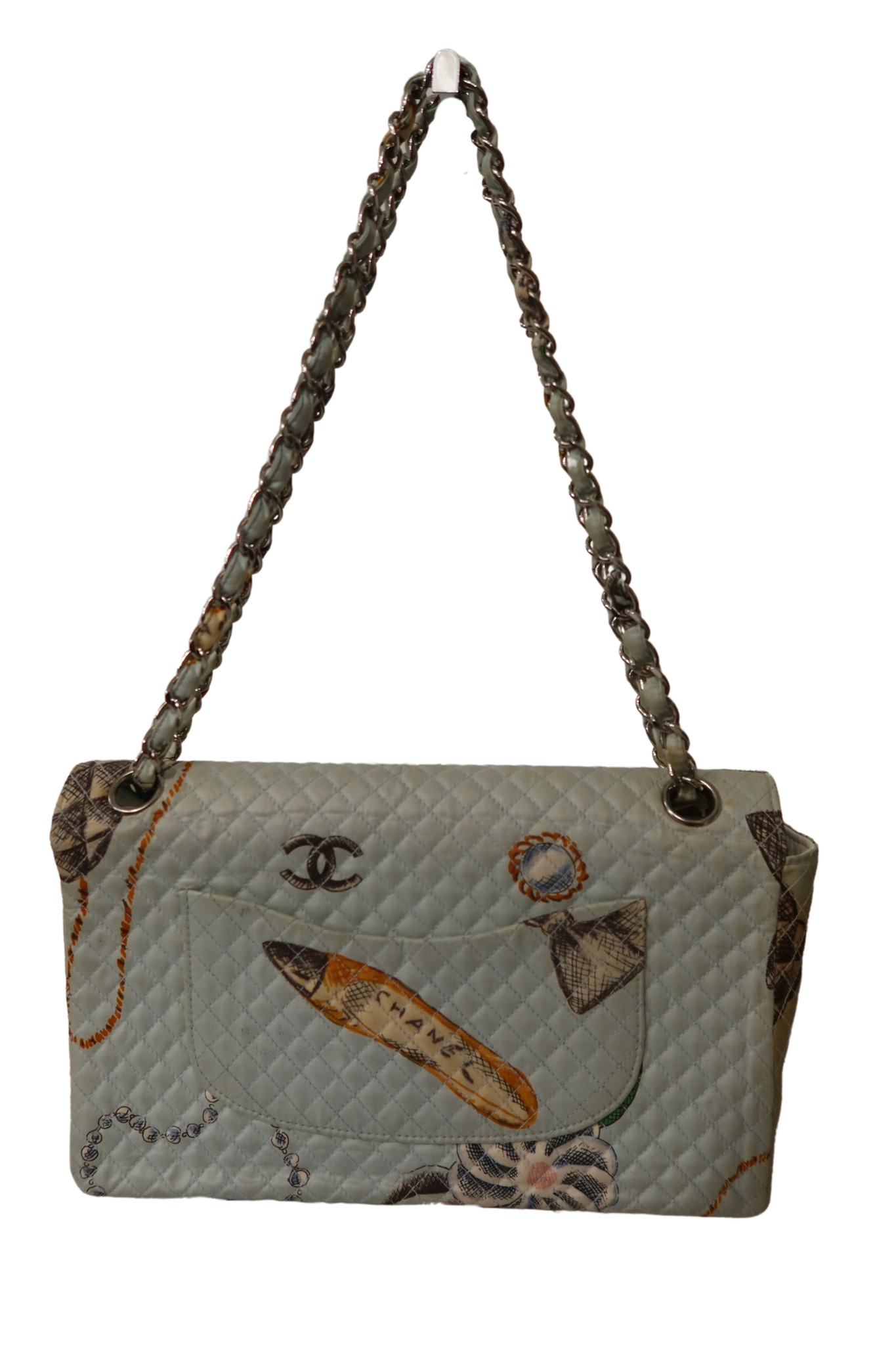 RARE CHANEL Blue Canvas Special Printed Classic Flap Shoulder Bag