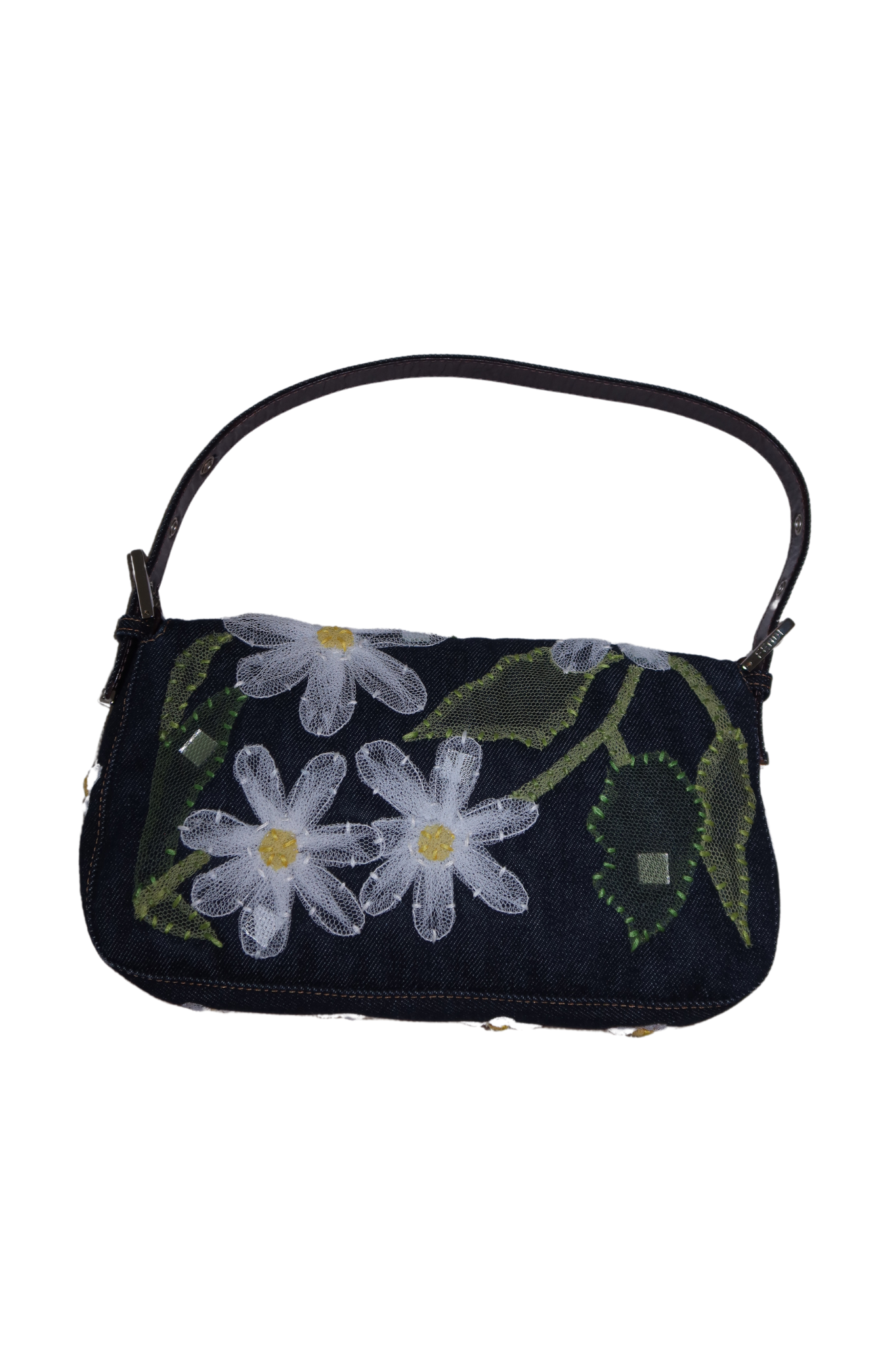 FENDI Blue Denim Daisy Embroidered Baguette