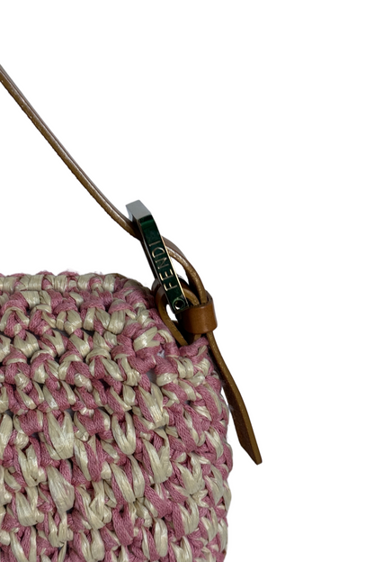 FENDI Raffia Straw Crochet Baguette Bag Pink x Cream