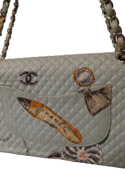 RARE CHANEL Blue Canvas Special Printed Classic Flap Shoulder Bag