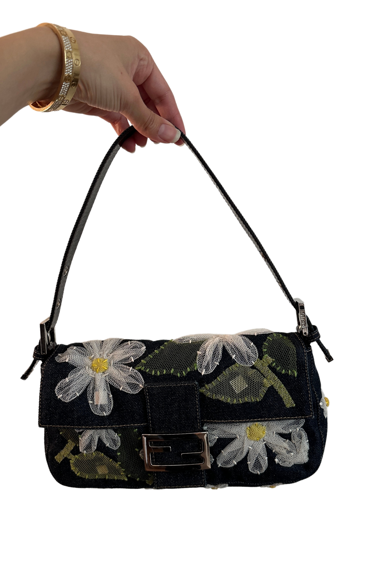 FENDI Blue Denim Daisy Embroidered Baguette