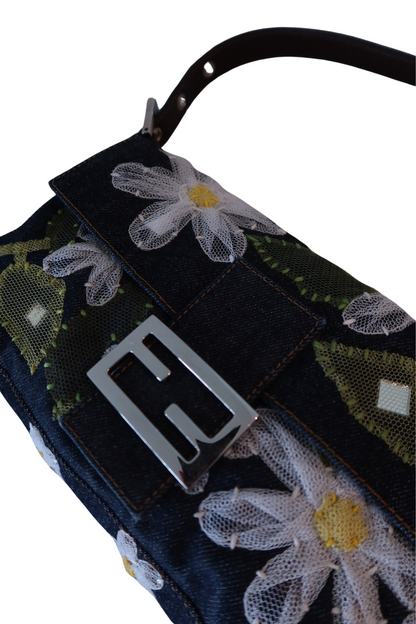 FENDI Blue Denim Daisy Embroidered Baguette