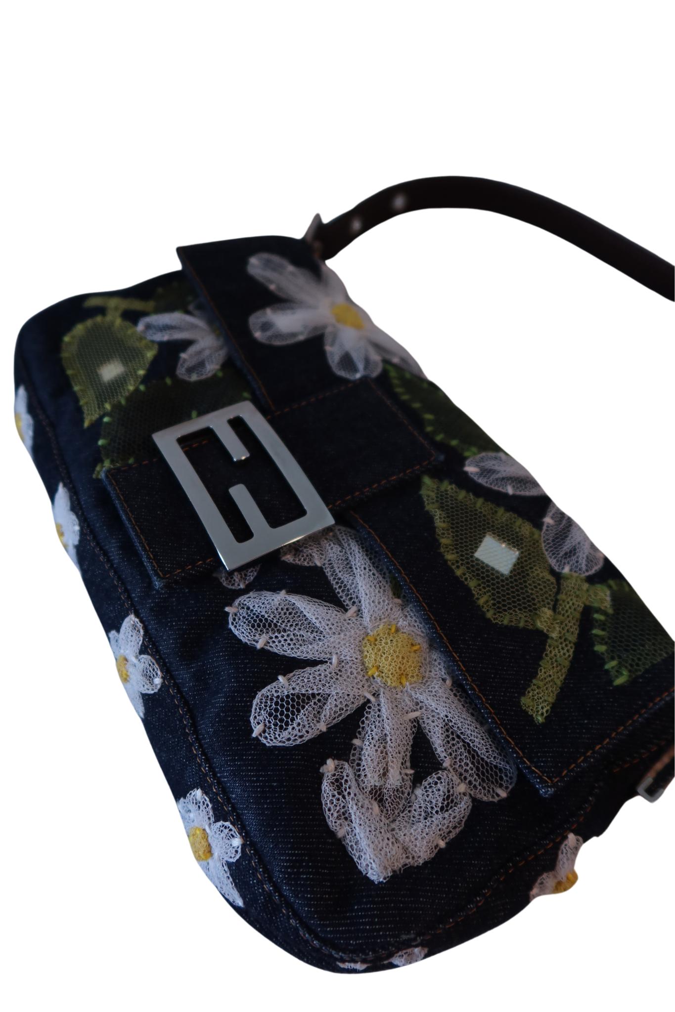 FENDI Blue Denim Daisy Embroidered Baguette