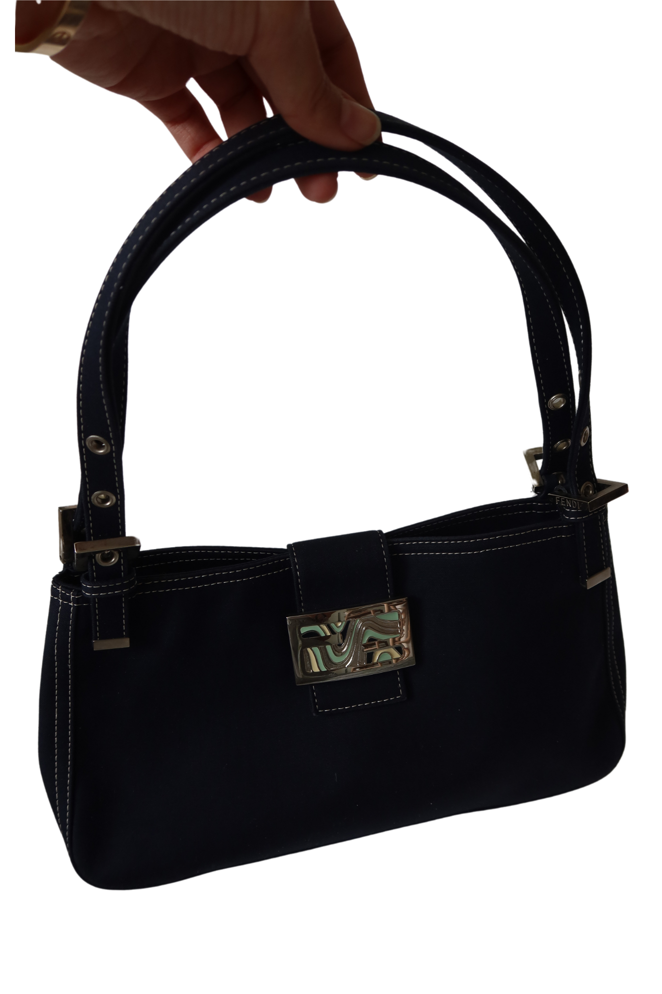 FENDI Navy Blue Fabric Handbag with Enamel Buckle