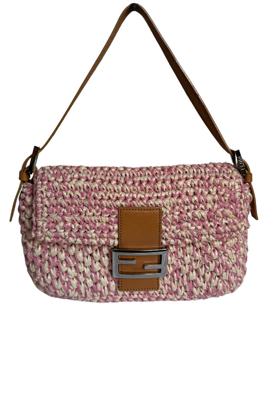 FENDI Raffia Straw Crochet Baguette Bag Pink x Cream
