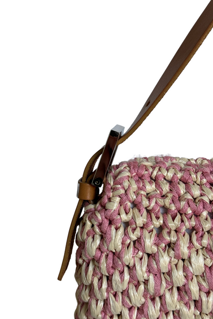 FENDI Raffia Straw Crochet Baguette Bag Pink x Cream