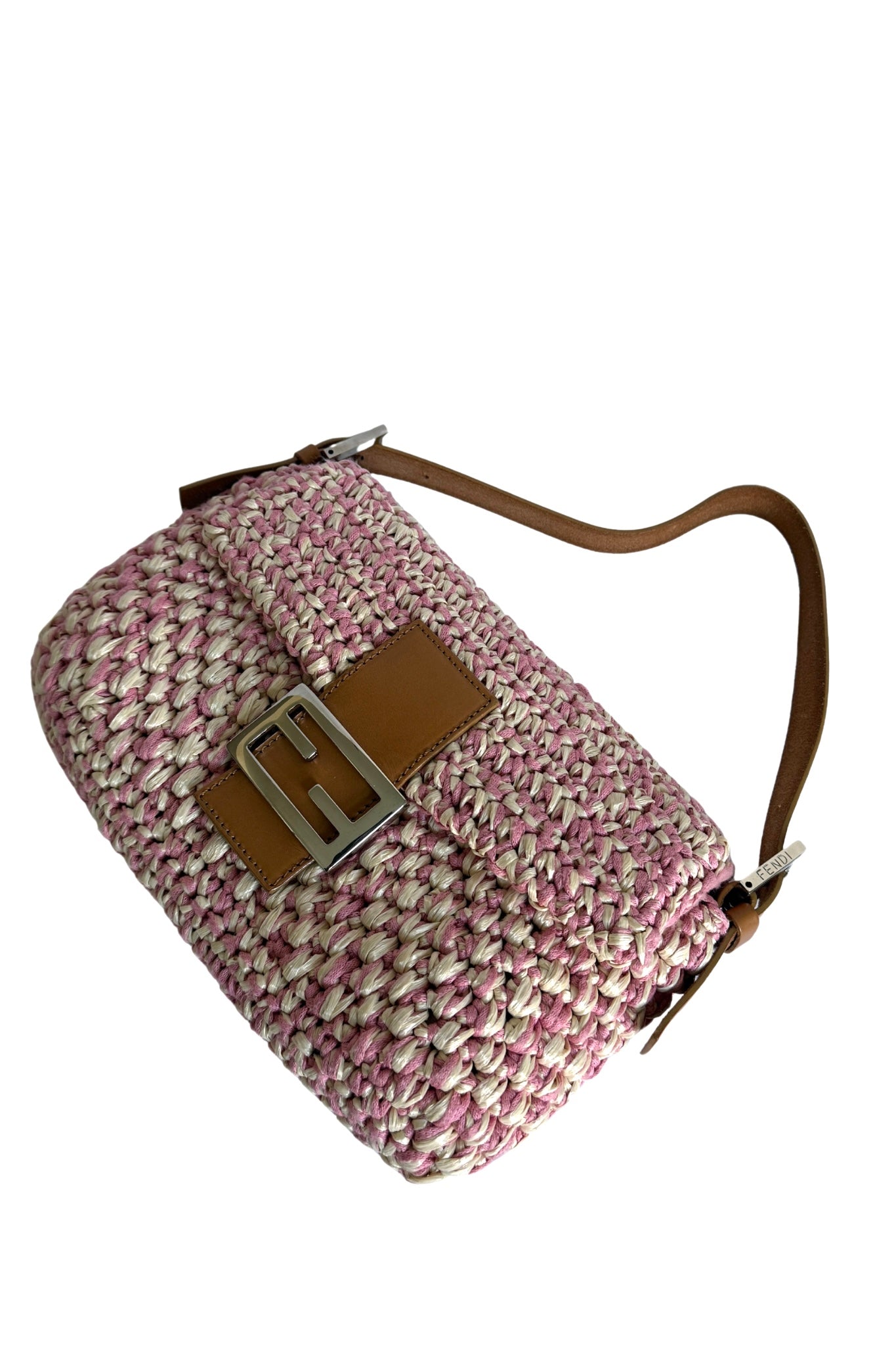 FENDI Raffia Straw Crochet Baguette Bag Pink x Cream