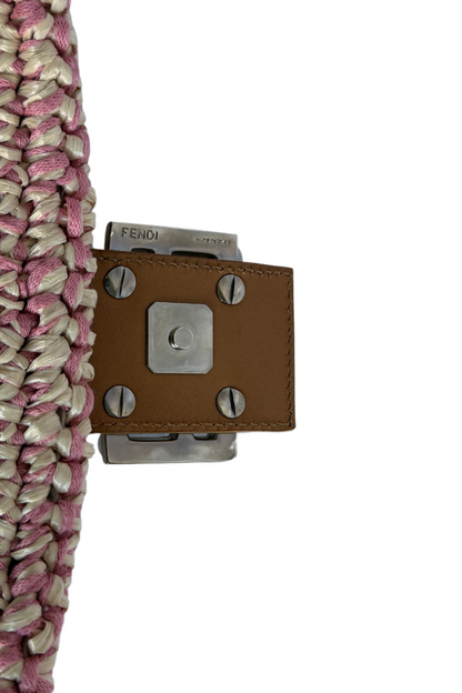 FENDI Raffia Straw Crochet Baguette Bag Pink x Cream